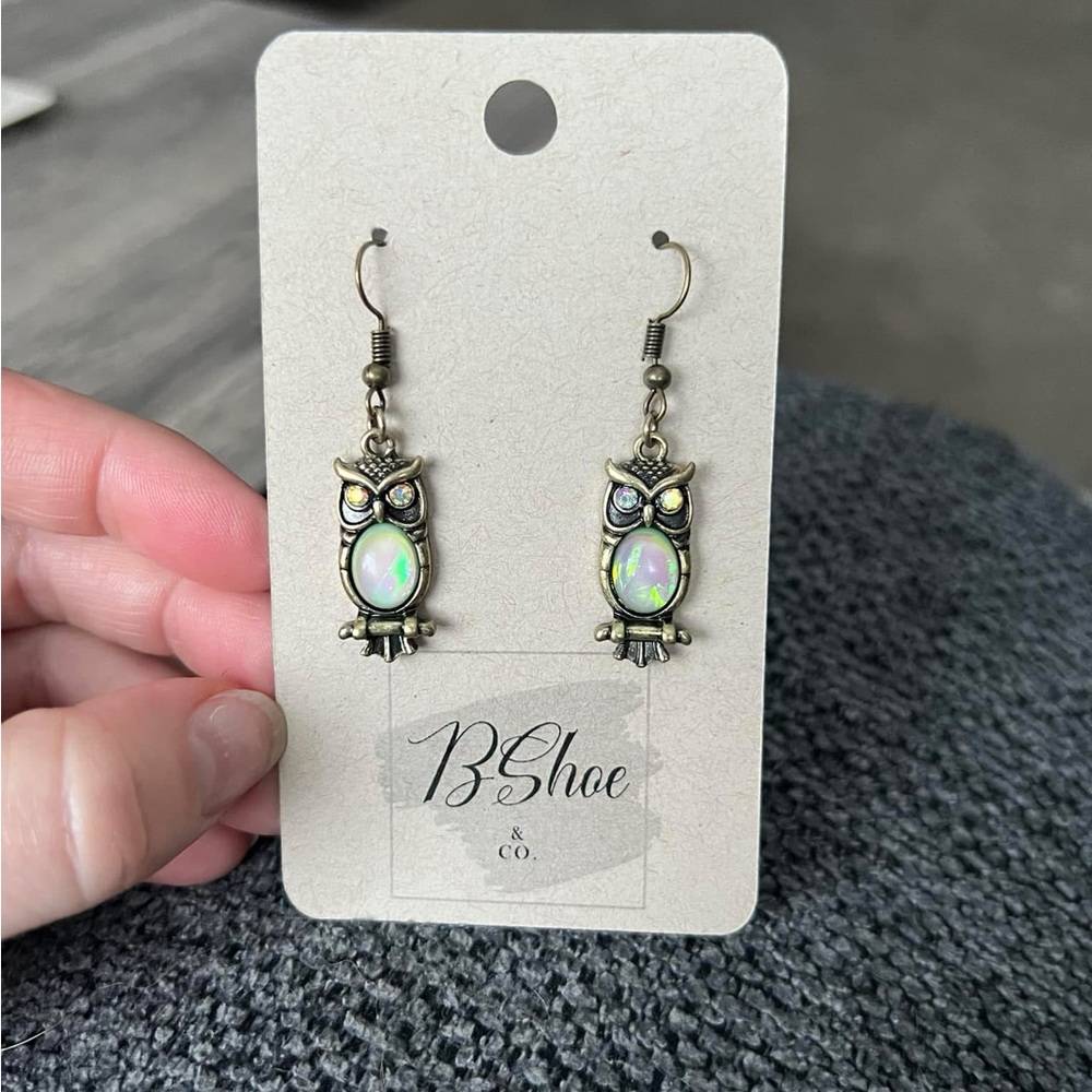 Bronze Owl Earrings with Opal Accents